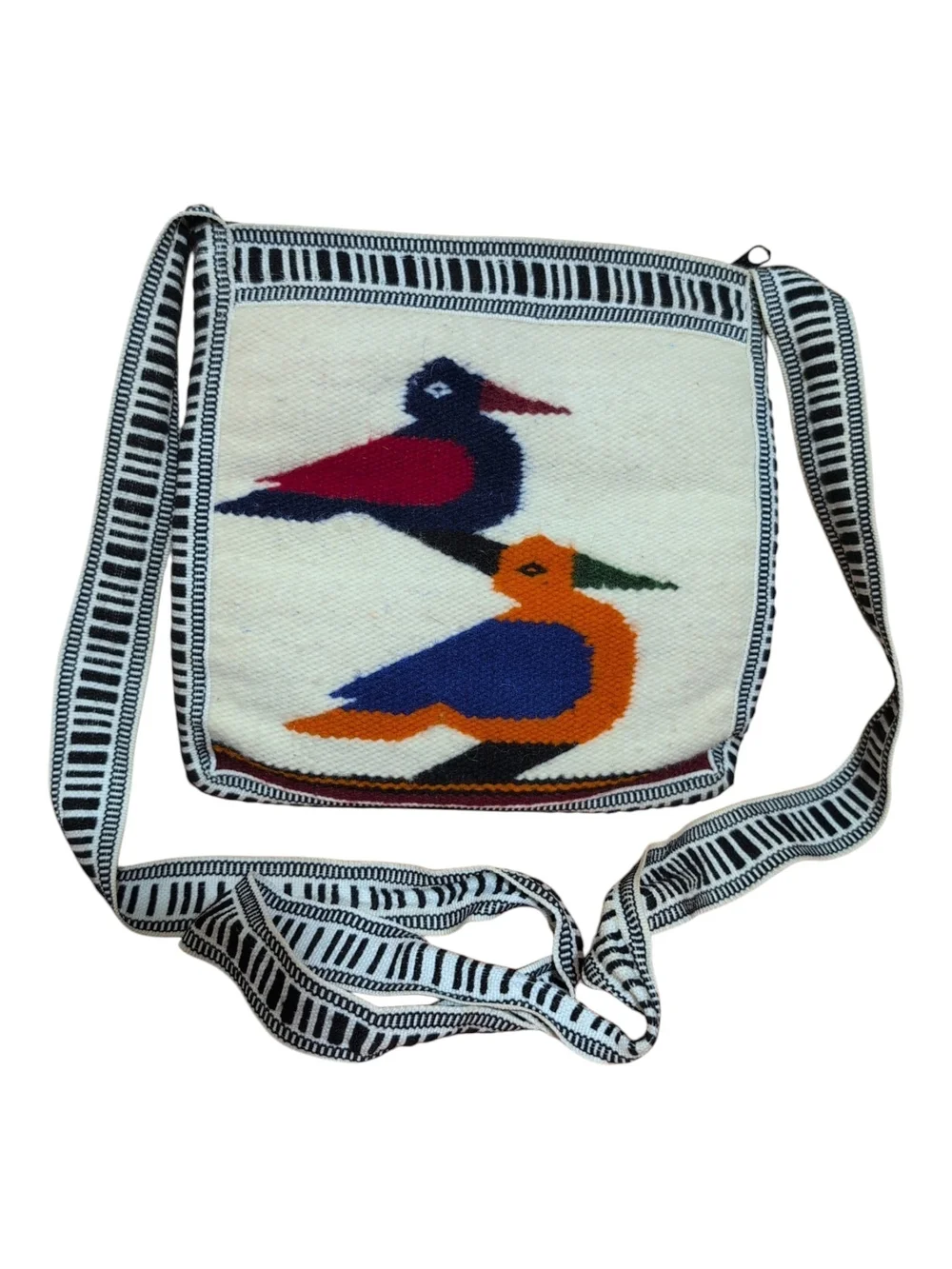 Handwoven Bird Motif Crossbody Bag - White with Blue, Red, Orange